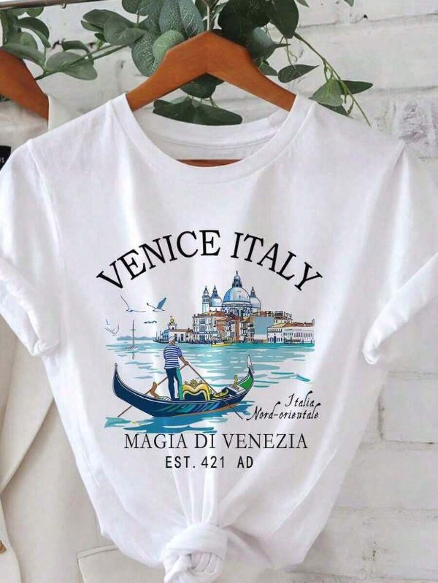 1 Piece 356T Cotton Graphic T-Shirt, Minimalist Casual Style With "Venice Italy" Castle Over The Sea Graphic, Loose Fit, Round Neck, Short Sleeve, Women's T-Shirt, Slightly Transparent, Suitable For Summer, Y2K Style, Men's T-Shirt, Summer Tops, 180g 100% Cotton. - 白色 - 查看 1