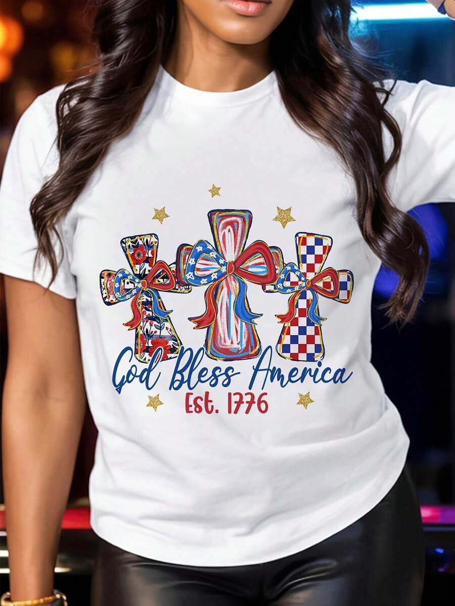 Women's Plus Size Patriotic Christian Faith Pure Cotton T-Shirt - God Bless America With Cross, Stars, And Red, White, And Blue Stripes Design, 1776 Independence Day Theme, April 4th, Easter, Casual Crew Neck T-Shirt, Machine Washable For All Seasons, Comfortable Fabric, Geometric Pattern, Lightweight And Breathable, Fashionable American Elements, Washable And Dryable. CCHL - 白色 - 查看 1