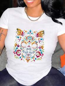 Women's Cotton T-Shirt, Made From A Soft And Breathable Cotton Blend, Featuring A Creative Day Of The Dead Dog Print. Machine Washable. Great As A Holiday Gift. Local Shipping Available. FNQU - 白色 - 查看 12
