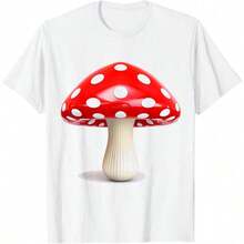 Casual T-Shirt With Mushroom Print, Graphic Design, Mushroom Portrait, Long Sleeve Style - 白色 - 查看 1