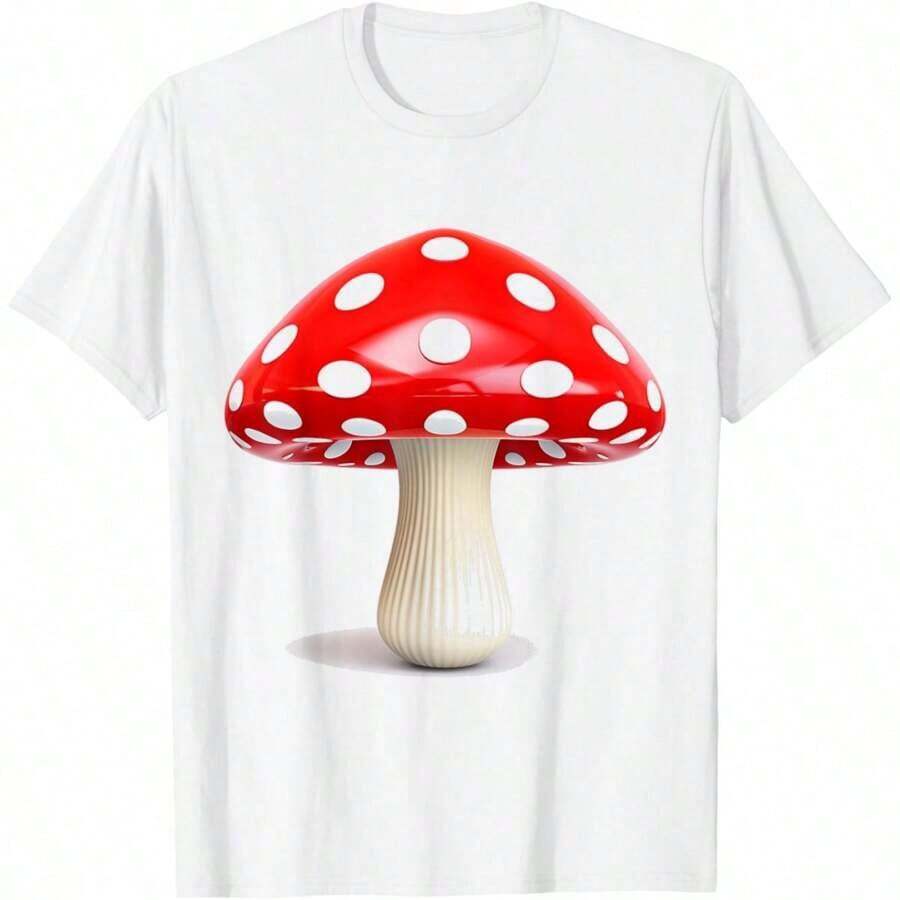 Casual T-Shirt With Mushroom Print, Graphic Design, Mushroom Portrait, Long Sleeve Style - 白色 - 查看 1