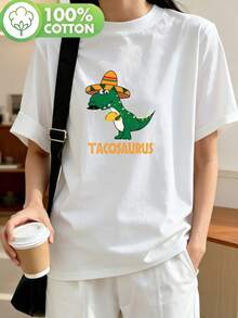Women's T-Shirt With Y2K Style Print, Pure Cotton Round Neck T-Shirt, Casual Sports T-Shirt For Women, T-Shirts With Dinosaur Eating Taco Print With Mexican Hat For Women. - 黑色 - 查看 7