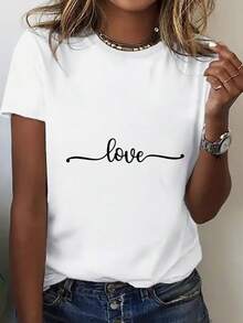 Plus Size Graphic T-Shirts, Women's Oversized T-Shirt With Love Letter Print - White With Cursive Letters, Loose Fit, Short Sleeve, Crew Neck, Breathable, All Season Comfort, Ideal For Casual Wear, Home And Outings, Machine Washable, Minimalist Everyday Essential, 100% Cotton - 白色 - 查看 5