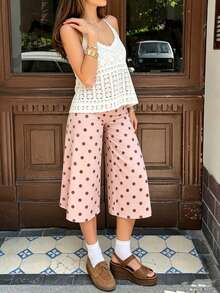 Women Casual Fold Over Loose Fit Capri Pant Leg Cropped Flowy Cotton Gaucho Pants Comfy Casual Yoga Coluttes Pajama Bottom Soft Comfortable Cropped Trouser Lounge Sleepwear Bottoms - 粉色 - 查看 3
