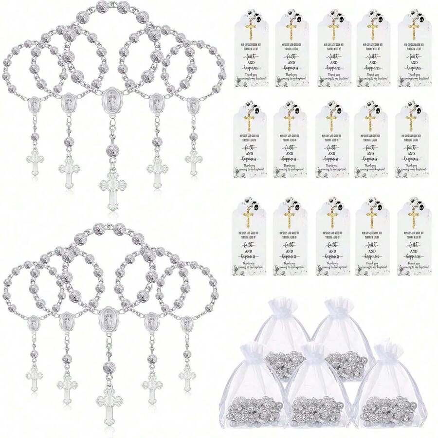30pcs/Set Baptism Gifts, Includes 30pcs Rosary Beads With Cross, 30pcs Organza Bags, 30pcs Cards For First Holy Communion Baptism Wedding Party Favors (Silver) - A - View 1