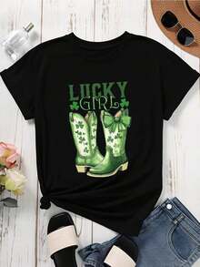 Lucky Girl Women's Casual Short Sleeve T-Shirt With Green Cowboy Boots Design For St. Patrick's Day, Irish Themed Clothing. - 黑色 - 查看 4
