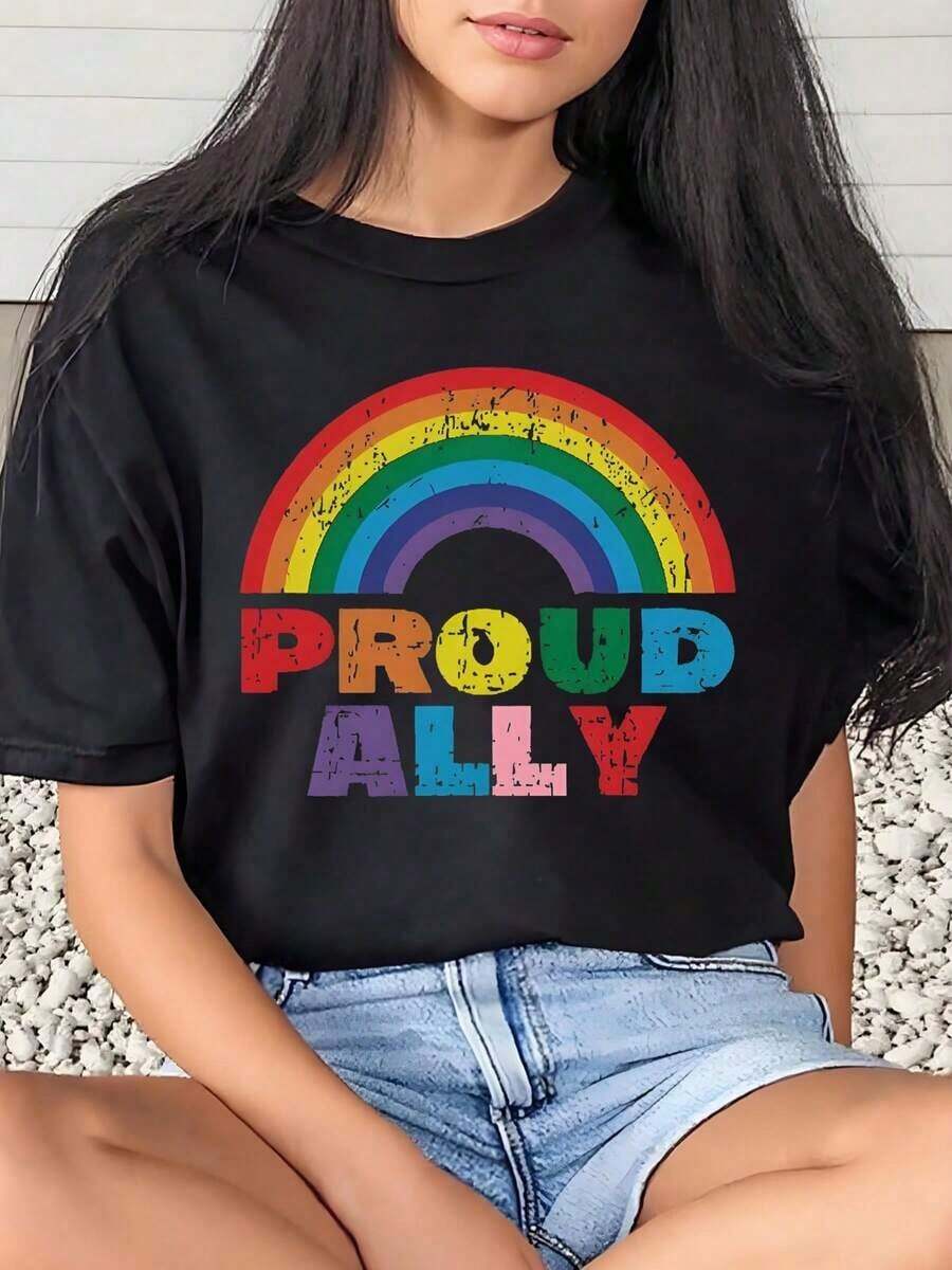 1 Piece Women's Rainbow T-Shirt Proud Ally Pride Month Everyday Wear Round Neck Short Sleeve Soft Comfortable 220g/180g 100% Cotton - 黑色 - 查看 1
