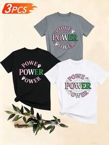 Women's T-Shirts, Women's T-Shirts, Casual One-Piece T-Shirt For Women With Repeated Power Letter Print And Cuff Design, Comfortable, Breathable, Fashionable And Versatile. - 1件黑色隨機圖案 - 查看 6