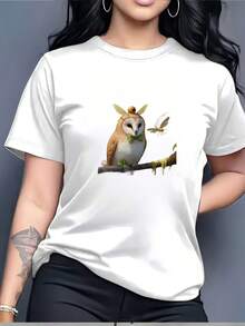 Camiseta Casual de Cuello Redondo para Mujer con Estampado de Búho y Abeja - Ideal para Reuniones Familiares y como un Excelente Regalo |   Camiseta ligera y suave de 180 gramos |   Opción ideal para ropa de trabajo y actividades al aire libre en verano, así como para actividades de team building corporativas. |   Diseño moderno adecuado para diversas ocasiones Blusas Para Mujer Casual - Blanco - Ver 7