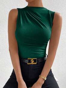 Camiseta sin mangas de corte slim con pliegues de unicolor minimalista para uso diario en verano para mujeres - Verde Oscuro - Ver 8