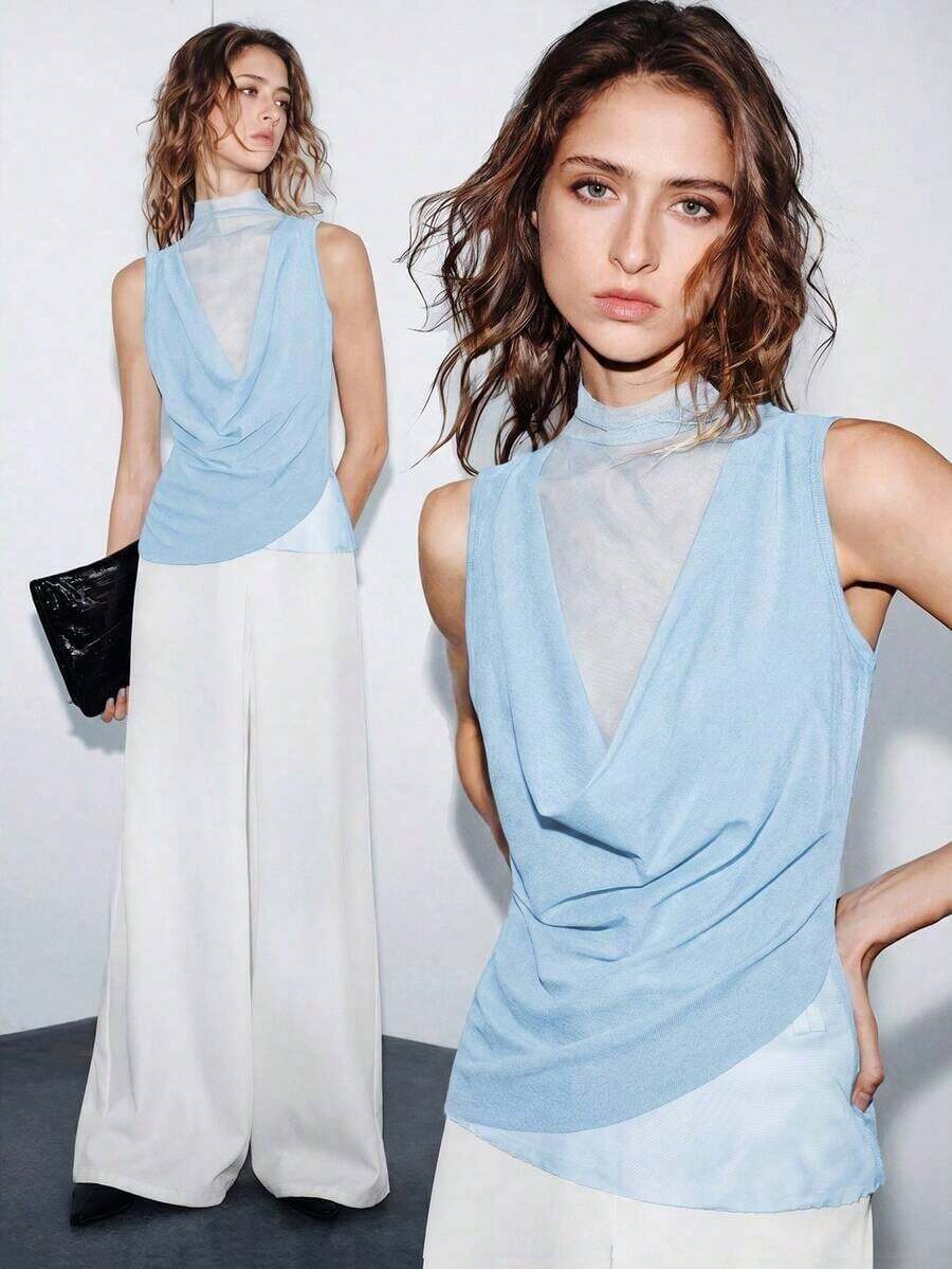 Camiseta sin mangas sexy con cuello drapeado de malla transparente, volantes y bajo asimétrico para mujer, nueva colección primavera/verano - Celeste - Ver 1