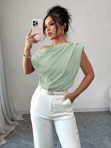 Blusa de unicolor con cuello asimétrico y plisado a la moda para mujeres - Verde - Ver 8