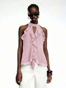 Top halter elegante de unicolor con volantes para mujer - Rosa - Ver 8