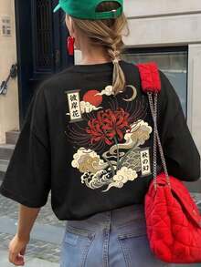 Camiseta de mujer estampada de manga corta para verano, tela de poliéster, estilo multifuncional, corte regular, peso 180 gramos, 1 unidad. - Negro - Ver 9