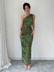 Vestido de noche de lujo para mujer, vestido sexy sin mangas con cuello asimétrico y estampado de teñido anudado - Verde Oliva - Ver 6