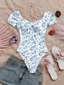 Body con estampado floral de hombros descubiertos ribete fruncido con nudo delantero pecho con fruncido - Multicolor 3 - Ver 6