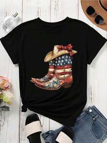 1 Piece Women's Round Neck T-Shirt With American Flag Print, Cowboy Boots And Hat, Short Sleeve, Casual Summer Style For Patriotic Events And Western Style Outfits, 180g 100% Cotton. - 黑色 - 查看 3