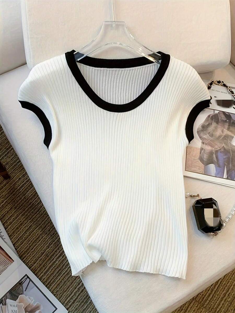 2026 nuevo suéter fino con cuello redondo y ribete de contraste, Top informal de punto con manga casquillo para verano, ropa para mujer, Top corto - BLANCO - Ver 1