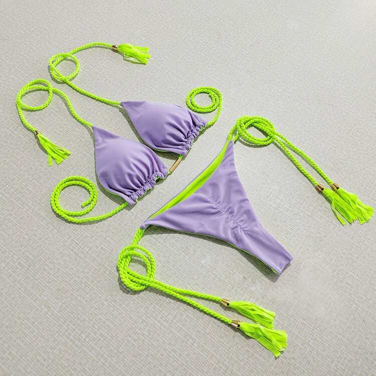 Sexy Two-Piece Swimsuit For Women, Sexy Double-Sided Color Block Triangle Bikini, Three-Piece Beach Swimsuit. - màu đen - Xem 8