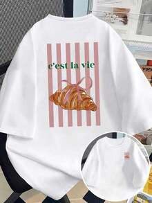 Camiseta Casual de Manga Corta para Mujer con Estampado de Croissants Brillantes y Rayas, Cuello Redondo, Top de Primavera/Verano, Ropa de Mujer, Ropa de Verano/Otoño, Ropa para el Día de San Valentín, Ropa de Mujer, Atuendo para Vacaciones - Blanco - Ver 3
