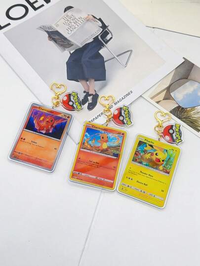 pokemon 1/3张卡片造型亚克力钥匙扣，可爱卡通人物包包挂饰，卡哇伊动漫风格背包吊坠，双面透明印花钥匙圈，带迷你吊坠和金色心形扣，Y2K美学粉丝必备配饰