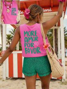Blusa de ajuste regular casual con estampado, sin mangas para mujer - Rosa Fucsia - Ver 4