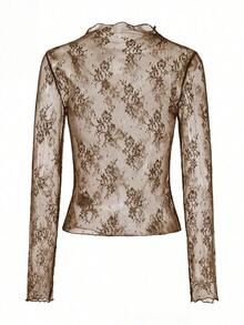 Blusa negra sexy de manga larga con encaje elástico para mujer , con cuello alto, patrón floral transparente, elegante y con capas, ideal para primavera-verano, resort y citas - Marrón - Ver 4