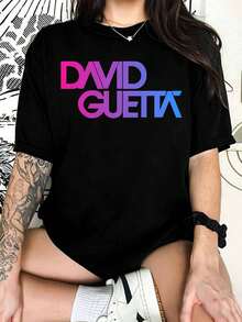 Graphic T-Shirt With Neon Gradient David Guetta Logo, Tee For EDM Producer Fans - Black - View 1