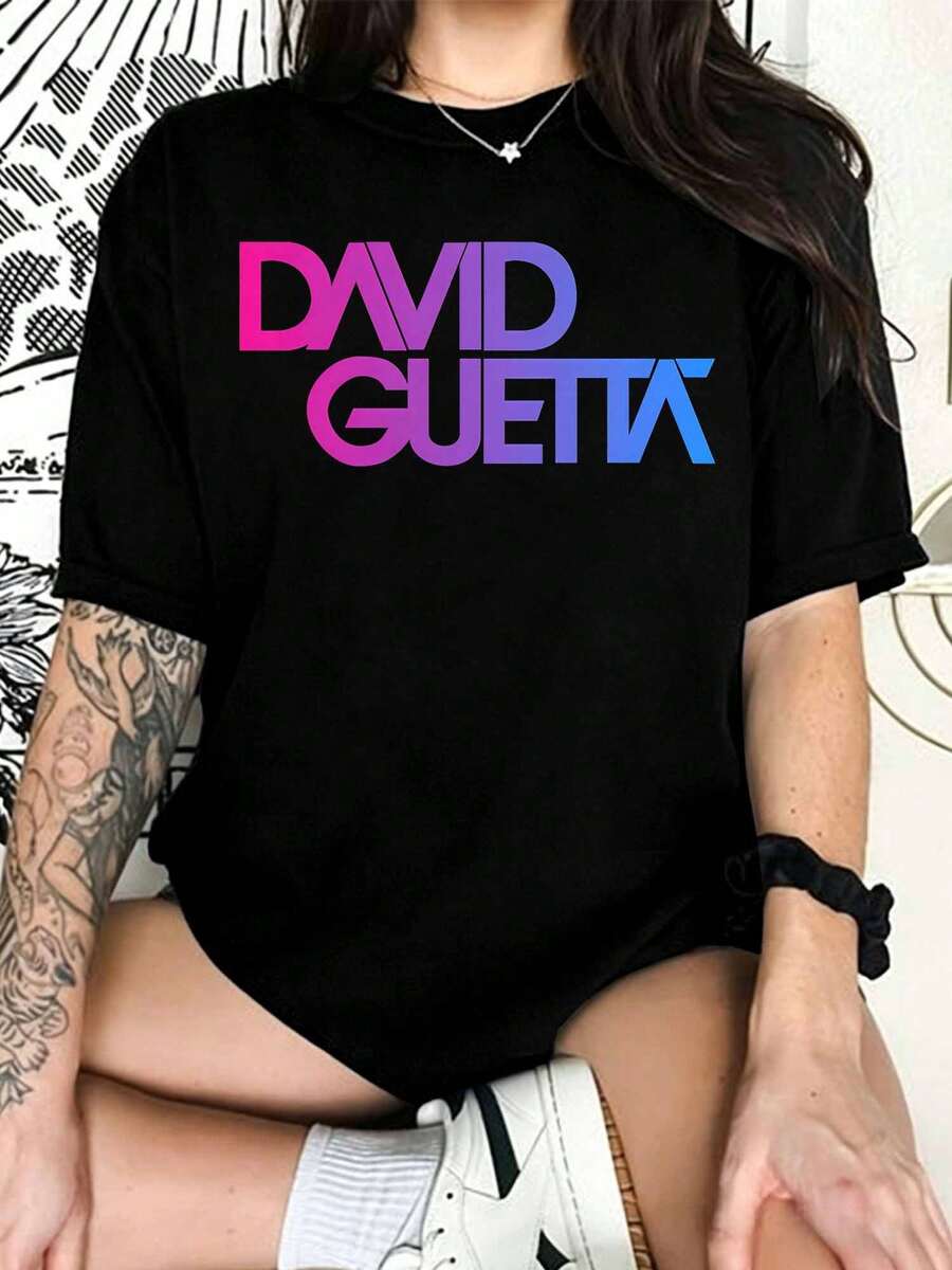 Graphic T-Shirt With Neon Gradient David Guetta Logo, Tee For EDM Producer Fans - Black - View 1