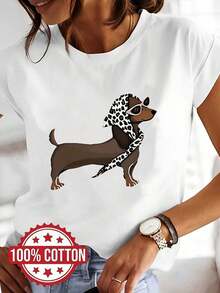 Camiseta de perro salchicha 100% con estampado gráfico, manga corta y cuello redondo, top casual para verano y primavera, ropa de mujer - blanco - Ver 6