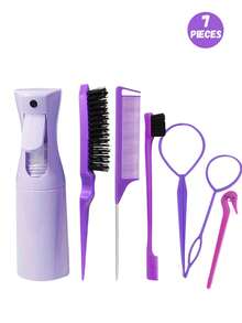 Set de 8 piezas de herramientas para el peinado en color rosa - Botella rociadora, peine de cola, peine de volumen, moldeador de moño y pasadores para el cabello, adecuado para trenzar y peinados DIY - Multicolor - Ver 9