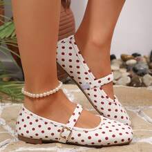 Women's Red Polka Dot Elastic Strap Buckle Decor Flat Slip-On Mary Jane Fashion Shoes - Red and White - View 8