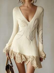 Women's 2026 Spring/Summer Long Sleeved Knitted V-Neck Short Skirt Sweater Dress - Màu be - Xem 10
