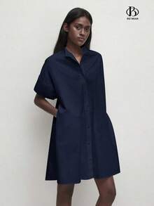 Vestido de algodón holgado de unicolor con cuello alto y botones delanteros para mujer, estilo minimalista básico para uso diario, ir al trabajo, vestimenta casual de negocios y atuendo de oficina - Azul marino - Ver 9