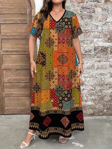Plus Size Women's Retro Floral Print V-Neck Short Sleeve Maxi Dress, Elegant Summer Holiday Dresses - 多色 3 - 查看 5