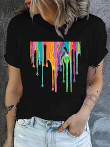 Camiseta con estampado gráfico, top casual de manga corta y cuello redondo para primavera y verano, ropa de mujer - Negro - Ver 1