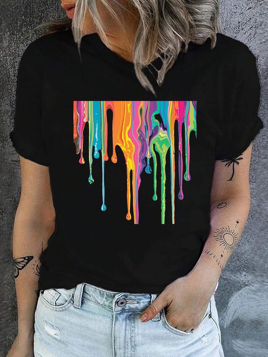 Camiseta con estampado gráfico, top casual de manga corta y cuello redondo para primavera y verano, ropa de mujer - Negro - Ver 1