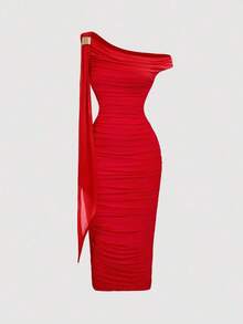 Vestido elegante de largo medio con cuello asimétrico, volantes y parches en color liso con efecto tie-dye para mujeres - Rojo - Ver 1
