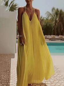 Vestido vacacional de tirantes con escote V profundo, espalda descubierta, pliegues y falda amplia, estilo europeo y americano - Amarillo - Ver 9