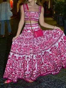 Conjunto de 2 piezas nuevo de primavera para mujer, elegante, estampado, top de tirantes y falda, diseño favorecedor, perfecto para looks de día y ocasiones informales - Estampado floral rojo rosa - Ver 3