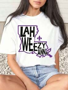 1 Piece Women's T-Shirt With Louisiana Geographic Shelf Print, Lah Weezy, Anna, Fleur De Lis, Casual For Daily Wear, Round Neck, Short Sleeve, Soft And Comfortable, 220 G/M², 180 G, 100% Cotton - 白色 - 查看 6