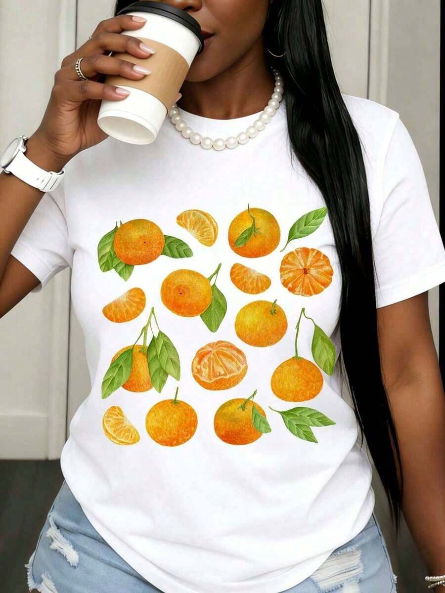 Camiseta de Verano Fresca, Camiseta Blanca Casual con Estampado de Frutas Naranjas para Mujer, Top Casual de Verano, Camiseta Gráfica para Uso Diario, Diseño Cítrico Fresco, Opción de Ropa a la Moda. - Blanco - Ver 1