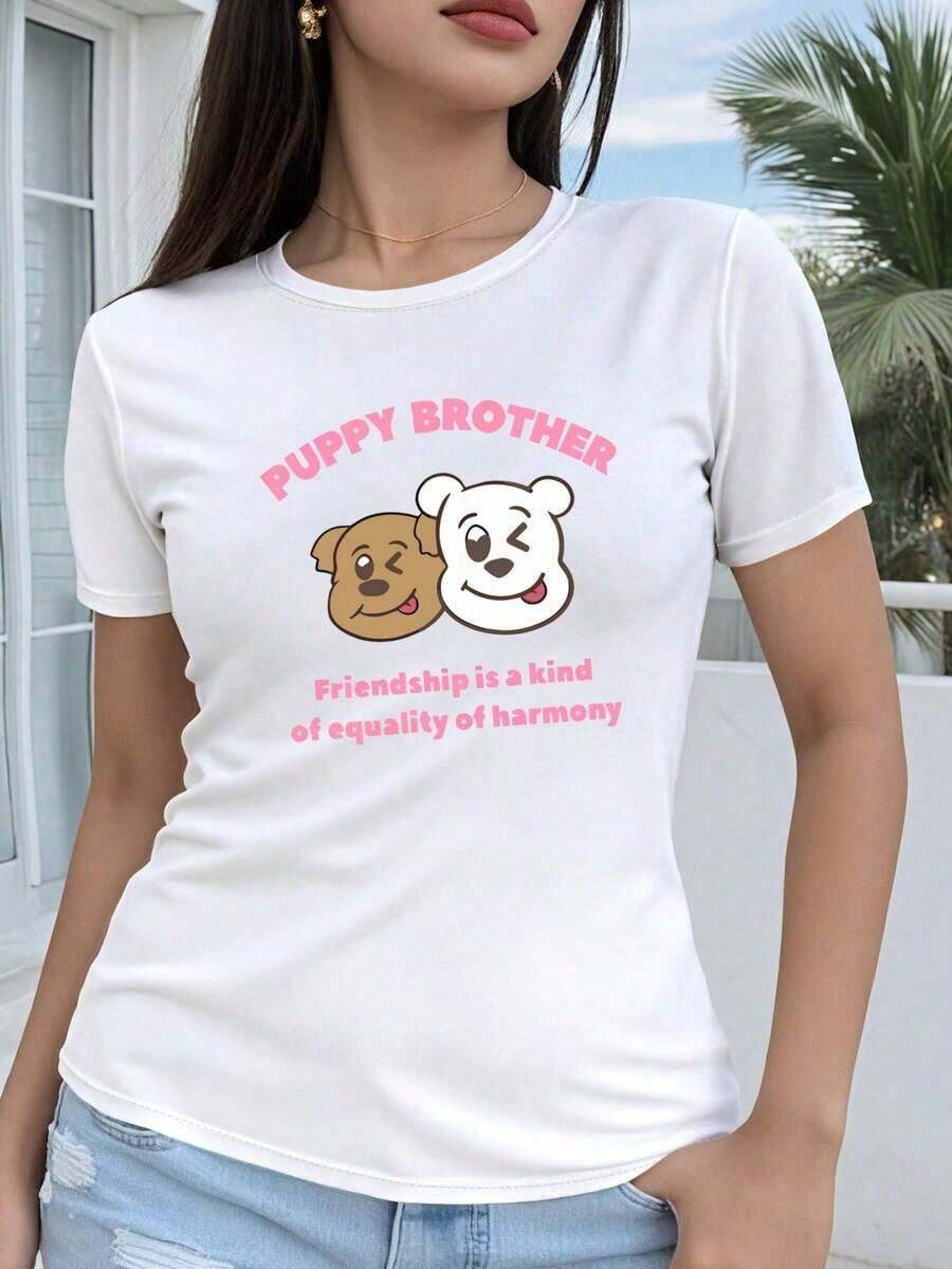 Camiseta de diseño estampado casual 100% algodón para mujer, camiseta lavada 100% algodón, estilo regular de manga corta para mujer - Diseño geométrico 2D, estampado de perro de dibujos animados lindo y divertido, top casual de manga corta con cuello redondo, adecuado para todas las estaciones, disponible en varios colores y tallas, moda festiva, estética vintage, material transpirable, estampado interesante, conjuntos de verano 2026 para mujer, ropa urbana para mujer, camisetas de verano con diseños originales, conjuntos diarios para mujer, adecuado para primavera, verano y otoño. - Blanco - Ver 1