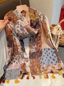 1pc New Arrival Sweet Heart Tassel Scarf, Lightweight For Spring/Summer Outdoor, Beach, Air-Conditioned Room, Shawl - Brown - View 4