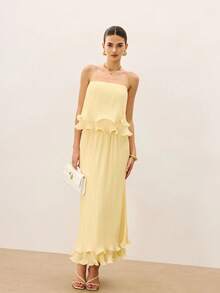 Two-Piece Set: Lace-Trimmed Strappy Top + Designer-Style Short Skirt - Light Yellow - View 8