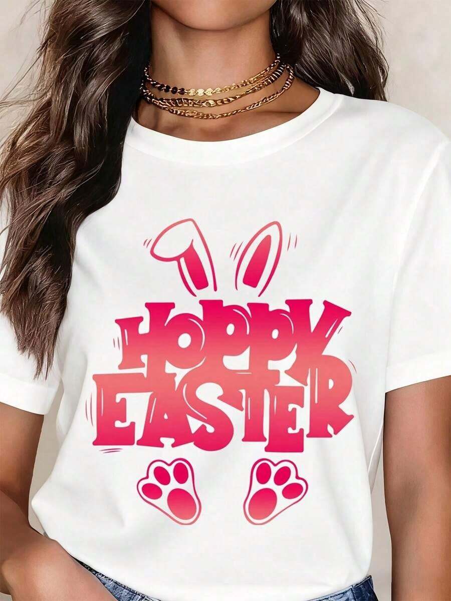 Camiseta Moderna Minimalista para Mujer con Diseño de Orejas y Patas de Conejo de Pascua, Camiseta Casual para el Día a Día - Blanco - Ver 1