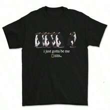 Printed T-Shirts For Women, Oversized Urban Style Tops, Comfortable And Stylish Summer Tees That Go With Everything. 1 Piece [Cotton] National Geographic "I Just Gotta Be Me" Penguin Print T-Shirt, Retro Tropical Style, Casual, Crew Neck, Short Sleeves, For Spring/Summer/Autumn, Suitable Gifts For Him And Her, Unisex, For Everyday Campus Wear, 210g, Cotton, Prints Are Fully Printed. Unisex. - 黑色 - 查看 1
