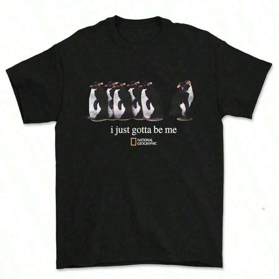 Printed T-Shirts For Women, Oversized Urban Style Tops, Comfortable And Stylish Summer Tees That Go With Everything. 1 Piece [Cotton] National Geographic "I Just Gotta Be Me" Penguin Print T-Shirt, Retro Tropical Style, Casual, Crew Neck, Short Sleeves, For Spring/Summer/Autumn, Suitable Gifts For Him And Her, Unisex, For Everyday Campus Wear, 210g, Cotton, Prints Are Fully Printed. Unisex. - 黑色 - 查看 1