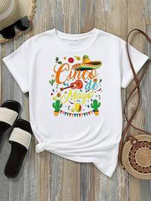 Camiseta Gráfica de Mujer con Estampado del Festival Cinco de Mayo, Opciones en Blanco, Camiseta Gráfica Casual para Uso Diario, Camisetas de Verano, Conjuntos de Verano, Camisetas Gráficas para Mujer, Tops Cortos para Mujer, Camisetas Vintage de Algodón, Ropa Linda para Mujer, Top de Verano - Blanco - Ver 3