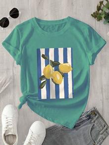 Women's Short-Sleeved T-Shirt, 100% Pure Cotton, With Lemon Print, Versatile (7) Women's T-Shirt With Vintage Retro Print, 100% Cotton - 綠色 - 查看 5